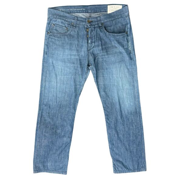 Rag and Bone Medium Wash Blue Indigo Chambray Slim Straight Men's Jeans size 34 - Picture 1 of 11